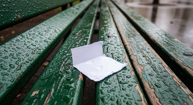 A small folded white paper note lying on a wet wooden park bench covered in raindrops