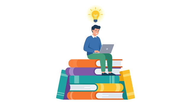 Male student sitting on giant book stack working on laptop with creative idea bulb flat design vector illustration