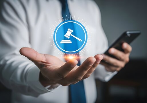Businessman holding a smartphone with a digital legal gavel icon for law and justice services