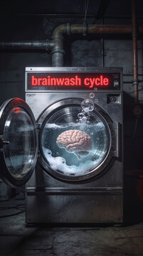Brainwash cycle text on digital display of washing machine containing human brain. Surreal concept of mental manipulation and psychological control in dark industrial setting.
