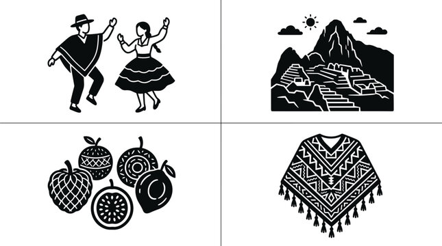 Peru culture travel set with marinera dancers machu picchu tropical fruits and traditional pattern poncho black vector illustration