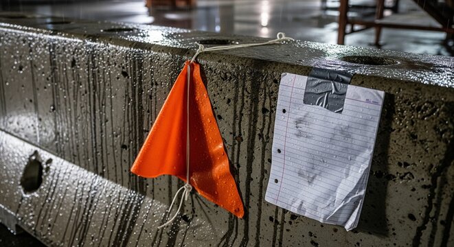 Bright orange safety flag on wet concrete wall outdoors