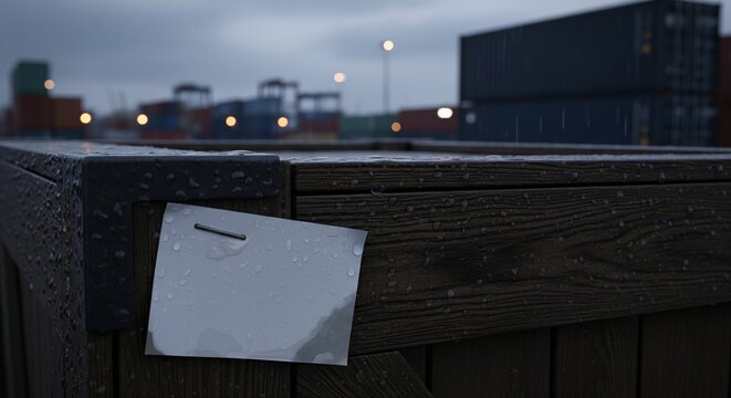 White paper sign on wooden ledge with shipping port background at dusk