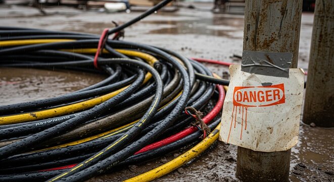 Yellow and black power cables coiled on wet asphalt street