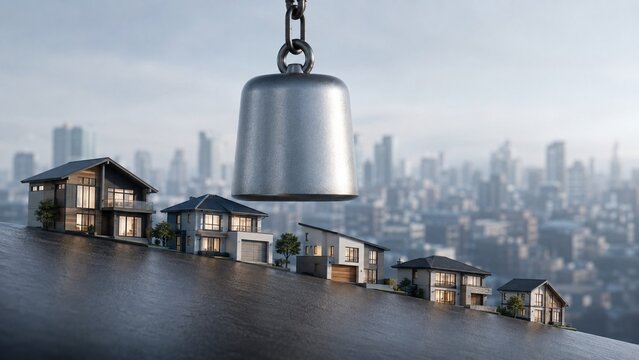 Surreal photorealistic 3D render of a giant metal weight looming over modern houses on a precarious hill, symbolizing imminent foreclosure and economic pressure for the real estate crisis.