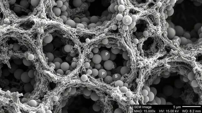 Scanning electron microscope micrograph of porous synthetic polymer scaffold for tissue engineering with microscope, nanotechnolog