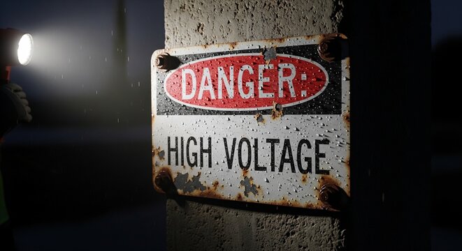 Close-up of a weathered Danger High Voltage warning sign
