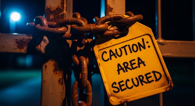 Rusted chain securing a gate with a yellow Caution Area Secured sign at night