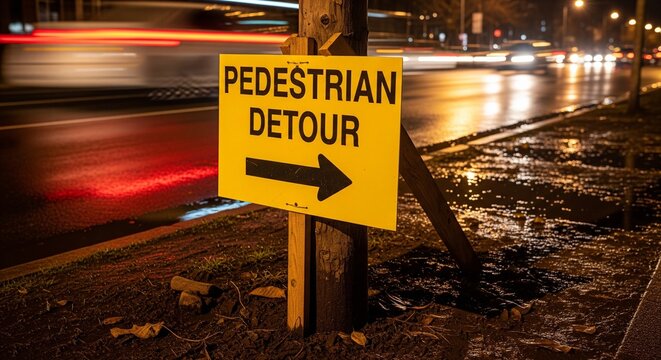 Pedestrian Detour Road Sign at Night