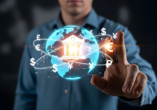 Man interacting with a digital globe showing global banking and international currency icons