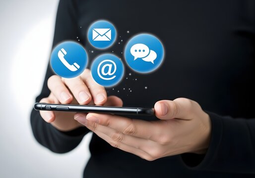 Person using a mobile phone with floating contact icons for communication and connectivity