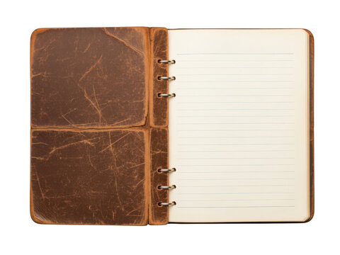 Open vintage leather notebook with blank lined pages isolated on transparent background
