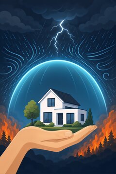 White house on a protective hands during a severe storm. Concept of home insurance against natural disaster. Housing safety from hurricane, heavy rain, wind and flood.