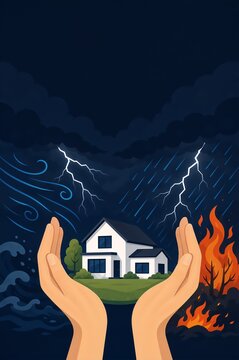 White house on a protective hands during a severe storm. Concept of home insurance against natural disaster. Housing safety from hurricane, heavy rain, wind and flood.