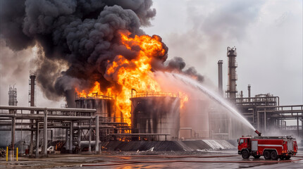 Obraz premium Emergency firefighting response at oil refinery during massive explosion. Fire truck spraying water on burning storage tanks with thick black smoke.