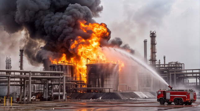 Emergency firefighting response at oil refinery during massive explosion. Fire truck spraying water on burning storage tanks with thick black smoke.