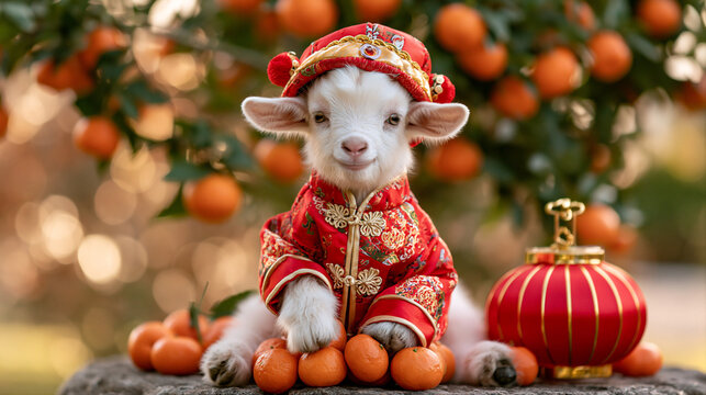 Cute little goat in red Chinese attire with tangerines and paper lantern. Chinese New Year celebration and pet concept. Funny animal for poster, card
