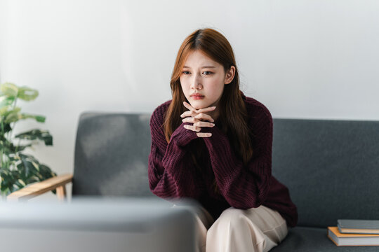 Asian Woman Feeling Sadness Depression Loneliness Sitting on Cou
