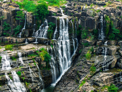 Aerial view panorama Pongour waterfall terraces Da Lat city, Vietnam.