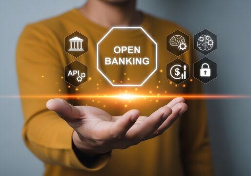 Person holding a glowing open banking digital interface with financial technology icons above