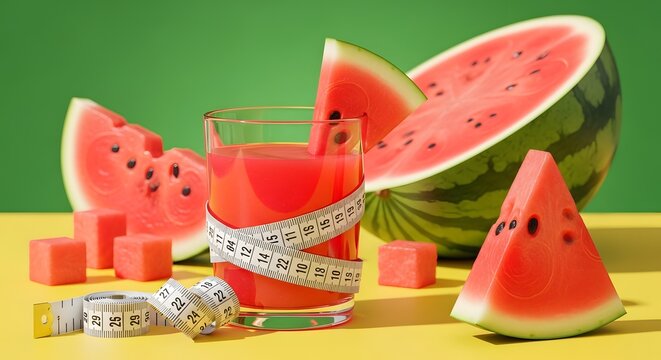 Fresh watermelon juice in a glass with a measuring tape for diet and healthy eating.