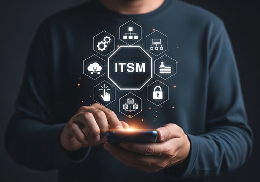 Person using a smartphone with a holographic interface showing itsm service management icons