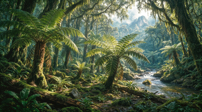 Lush tropical rainforest with giant tree ferns and flowing stream. Prehistoric jungle landscape with dense vegetation and sunlight filtering through canopy.