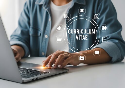 Person working on a laptop with a digital curriculum vitae resume interface for job search