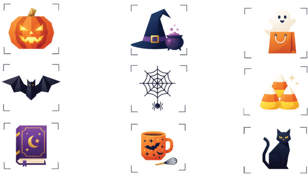 Modern Halloween decorative element collection featuring pumpkin, ghost, bat, candy, witch, cat and seasonal graphics Vector Illustration