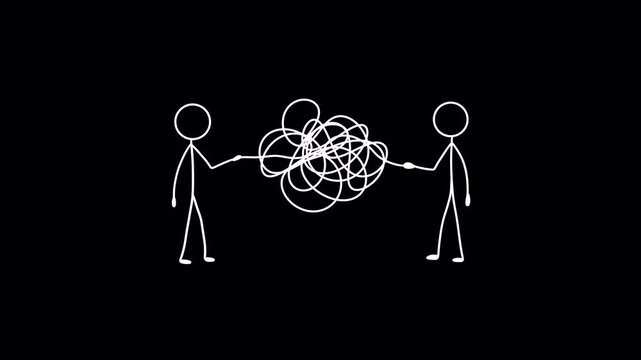 Hand drawn white stick figures holding a messy confused knot between them. For miscommunication, relationship conflict, therapy, problem solving, or teamwork challenges seamless loop overlay isolated 