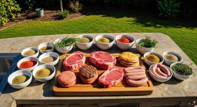 Gourmet Backyard BBQ Feast Ingredients Fresh Meats Spices Herbs Ready For Grilling