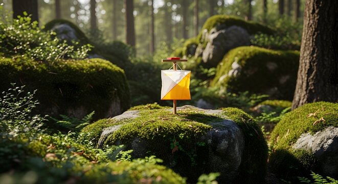 An orienteering control flag standing on a mossy rock in a sunny forest.