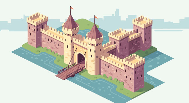 Fantasy castle floating on blue ocean with pink sky.