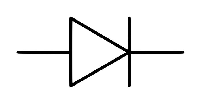 Minimalist black diode circuit symbol hand-traced vector icon featuring a triangle pointing to a vertical line with extending wire leads, classic schematic electronic component illustration on white