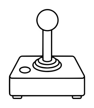 Hand-traced vector icon illustration of a classic arcade joystick with a spherical knob, cylindrical shaft, circular base rings, and rectangular control unit featuring a side button, rendered in