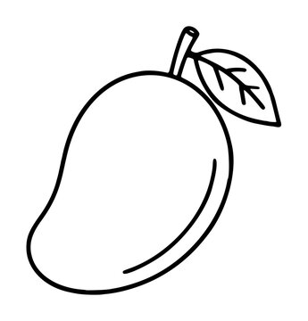 Hand-traced black outline mango vector icon illustration with single leaf and curved stem, minimalist line-art fruit clipart on transparent background for packaging and design