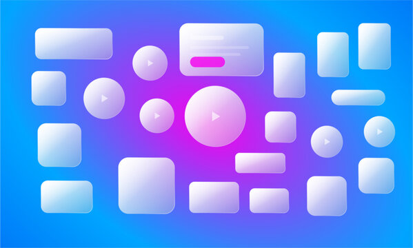 Glassmorphism UI kit with frosted glass buttons and video player icons. Modern web interface elements on blue and purple gradient background. Glassy app widgets.