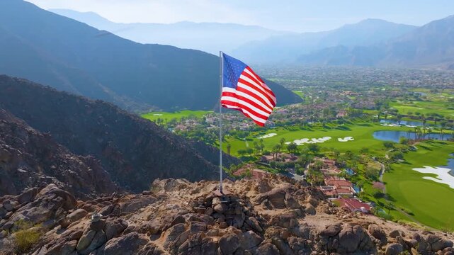 American Flag Aerial Drone View Over La Quinta California United States