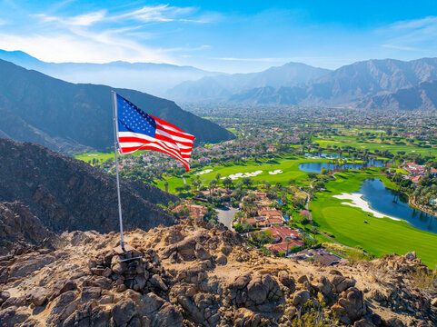 American Flag Over La Quinta Golf Resort Aerial Drone View California United Sta