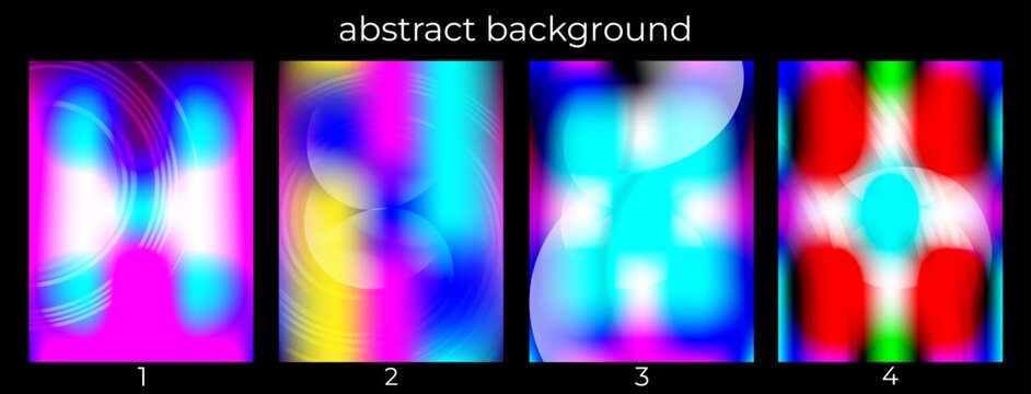 Vibrant abstract background set of 4 vector posters, colorful neon gradient textures with blurred light effects, psychedelic liquid mesh covers