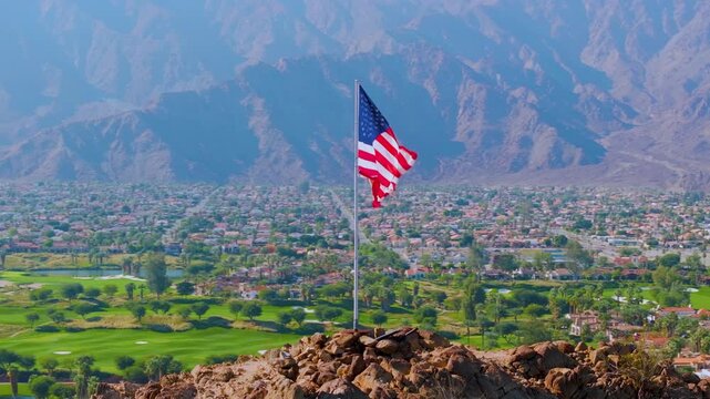 American Flag Waving Over La Quinta California United States Aerial Drone View
