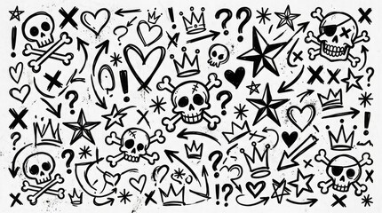 Fototapeta premium Hand drawn doodle set including skulls stars hearts and crown sketches on white textured paper background