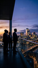 Plakat Silhouettes of business professionals on a balcony at dusk, overlooking a cityscape with illuminated buildings and traffic, symbolizing ambition and success