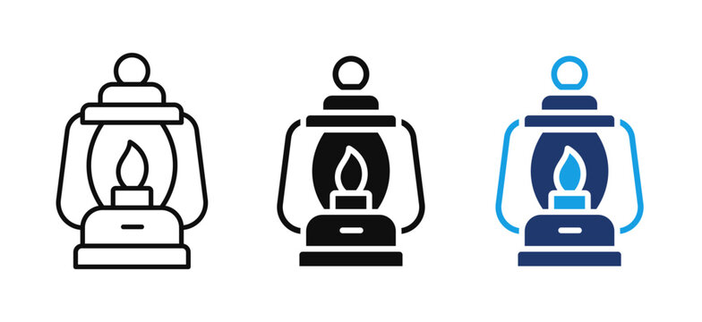 Camping Lantern Icon Set &ndash; Vintage Kerosene Lantern, Oil Lamp, Outline, Solid and Color Editable Vector, Outdoor Camping Light, Hiking, Adventure, Emergency Lamp Symbol Collection