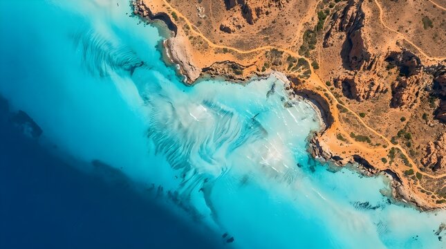 Aerial view of turquoise coastline. Tropical sea meeting rocky shore from above.