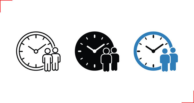 Clock with people vector icon set featuring line art, solid black silhouette, and blue flat color styles isolated on white background