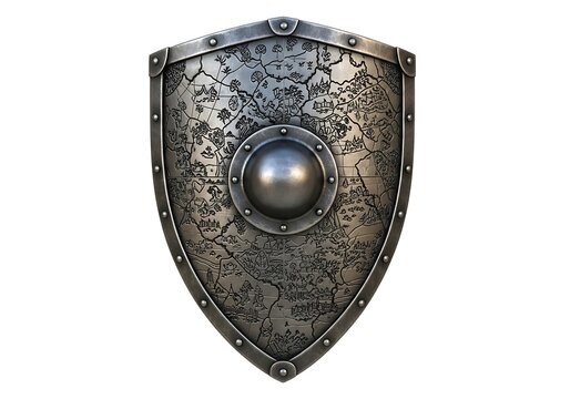 Ancient metal shield with intricate engravings