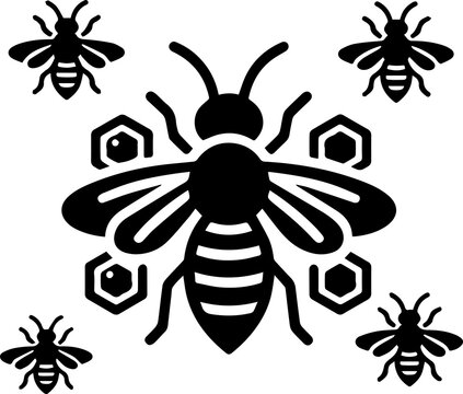 Silhouette Bees Flying Around Honeycomb Symbolizing Nature Pollination and Harmony Together
