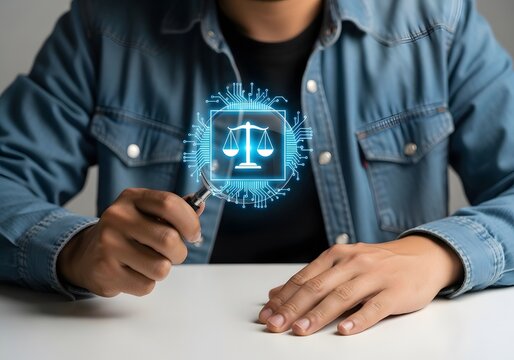 Person holding magnifying glass over digital legal justice scale icon for law technology