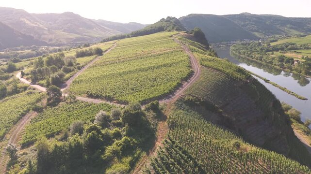 A flight along the Mosel wine country with one of the steepest wine hills and the tightest river loops and an embedded historical village surrounded from this green landscape
